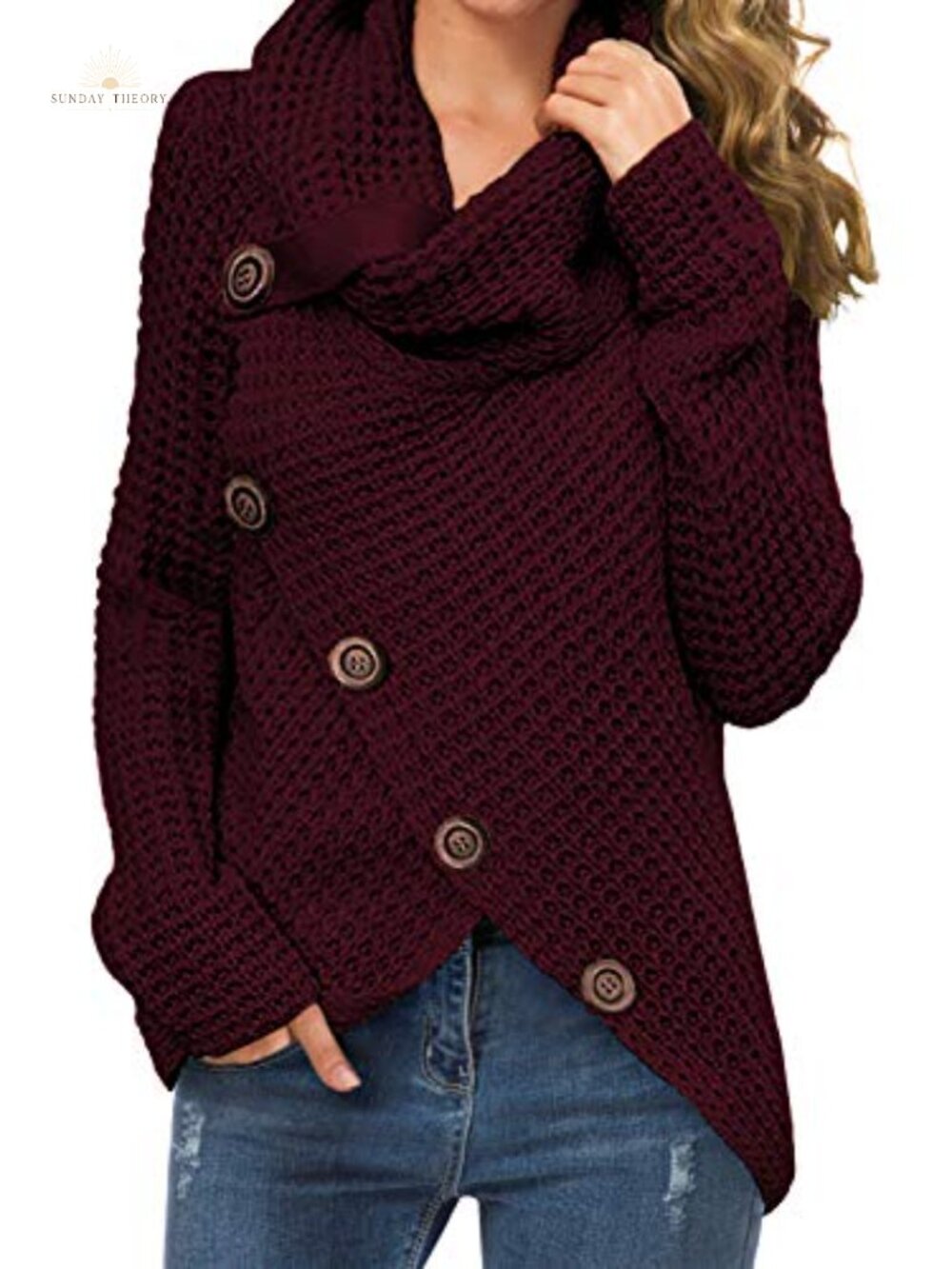 Chunky Knit Cowl Neck Sweater Long Sleeve Pullover Loose Fit Acrylic